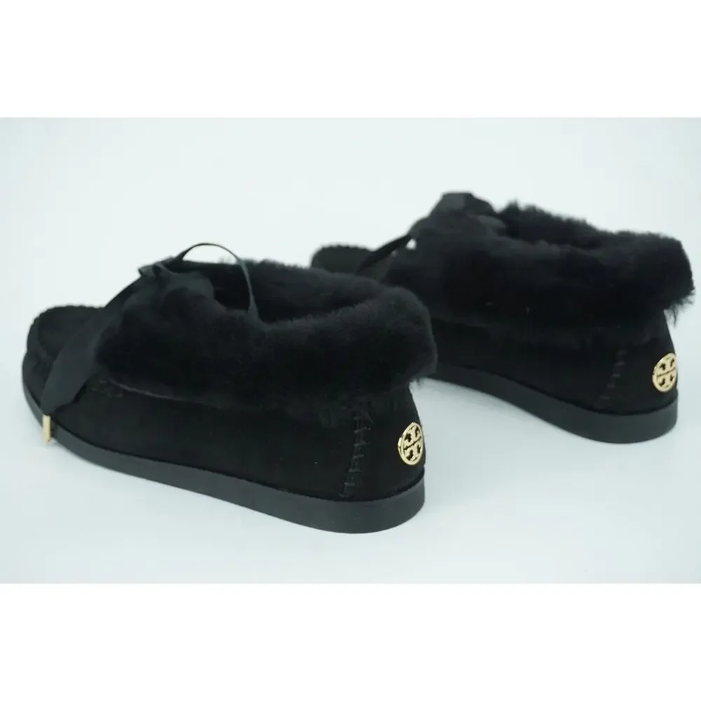 Tory Burch Aberdeen Genuine Rabbit Fur Trim Slipper Bootie Size 6 NIB Black Bow